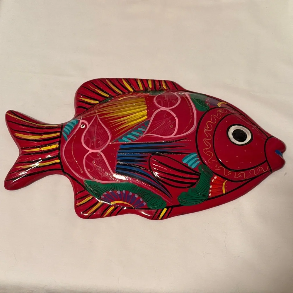 Vintage Talavera Mexican Red Clay Pottery Hand Painted Wall Décor